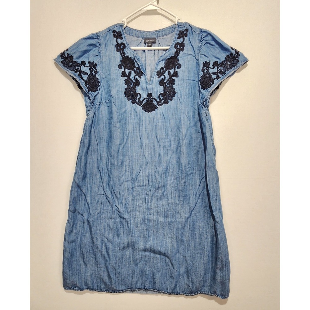 J. Jill Women's A Line Floral Embroidered Casual Comfy Denim Dress Blue Size XS
